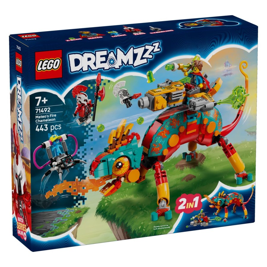 LEGO® Dreamzzz 71492 Mateov ognjeni kameleonZlobneža Zero in njegov pomočnik kibernetek sta ujela Logana in mu izčrpavata domišljijo! S tem kompletom za sestavljanje LEGO® DREAMZzz™ pomagaj Mateu in Z-Blobu