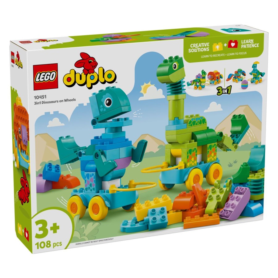 Lego® Duplo® 10451 Dinozavri na kolesih 3v1Z dinozavrsko igračo v igralni čas vnesi zavrsko zabavo. Prilagodljiv komplet je načrtovan