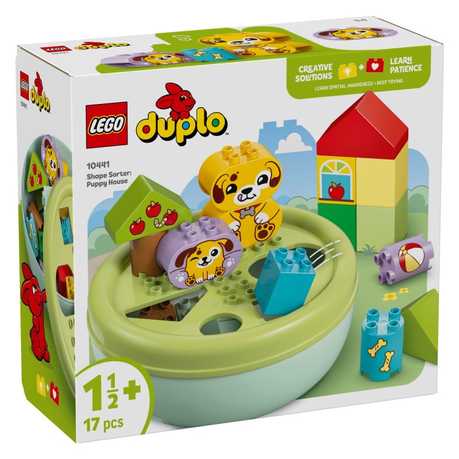 Lego® Duplo® 10441 Razvrščanje oblik: Psičkova utaDvigni pokrov in odkrij kup igre razvrščanja s psičkom. Predšolski otroci sestavijo prostor za igro pod drevesi
