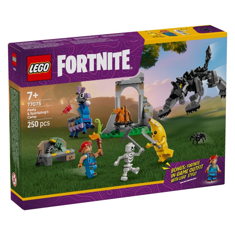 LEGO® Fortnite 77075 Tabor Peelyja in SparkplugaSestavi čisto svojo dogodivščino z igralnim kompletom LEGO® Fortnite® Tabor Peelyja in Sparkpluga. Navdahnili so ga prvi izzivi