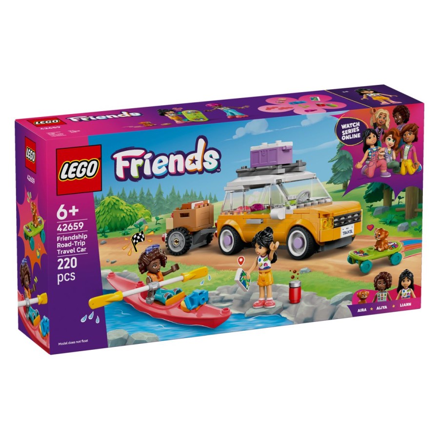Lego® Friends 42659 Avtomobil za prijateljsko potovanjePripravi se za razburljivo popotovanje z Liann in Aliyo. Prijateljici sta se odpravili na dogodivščino. Tudi psička Aira gre z njima! Vse potrebno za pot so zložile v avtomobil in na prikolico