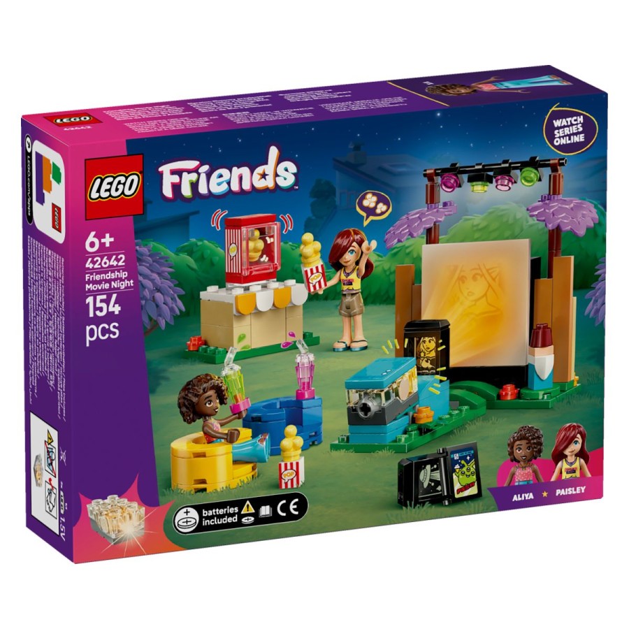 Lego® Friends 42642 Filmski večer za prijateljePrinesi pokovko! Čas je za filmski večer pod zvezdnim nebom. Aliya in Paisley sta postavili projektor na Paisleyjin vrt. V projektor vstavi diapozitiv in pritisni gumb