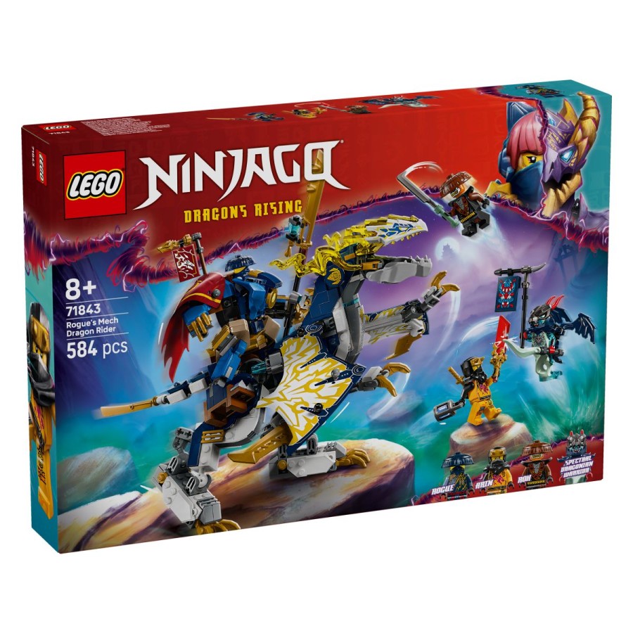 Lego® Ninjago® 71843 Rogue v robotskem oklepu jezdi zmajaVodja prepovedane peterice Rox in fantomski bojevnik Zmajarjev sta zavzela Združeni svet. Združi moči z Arinom in Rogue