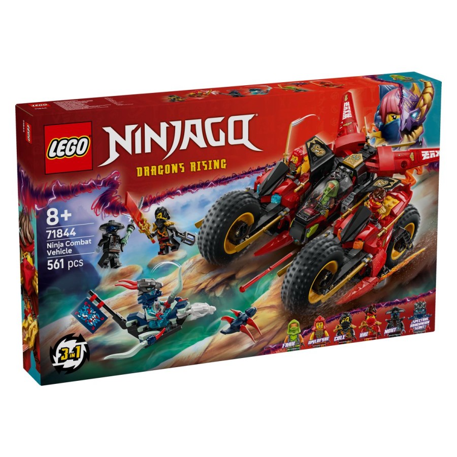 Lego® Ninjago® 71844 Ninjevsko bojno voziloZ ninja junaki napadi sočasno iz zraka in na tleh! V velikem ninjevskem bojnem vozilu ali v 3 manjših vozilih odleti v bitko po zmago! Ustreli proti sovražnikom z višini s Frakovim reaktivcem ali švigni v akcijo na Kaijevem in Wyldfyrejevem ninjevskem motorju! Ustaviti moraš Nokta in fantomskega izvidnika Zmajarjev na jadralniku