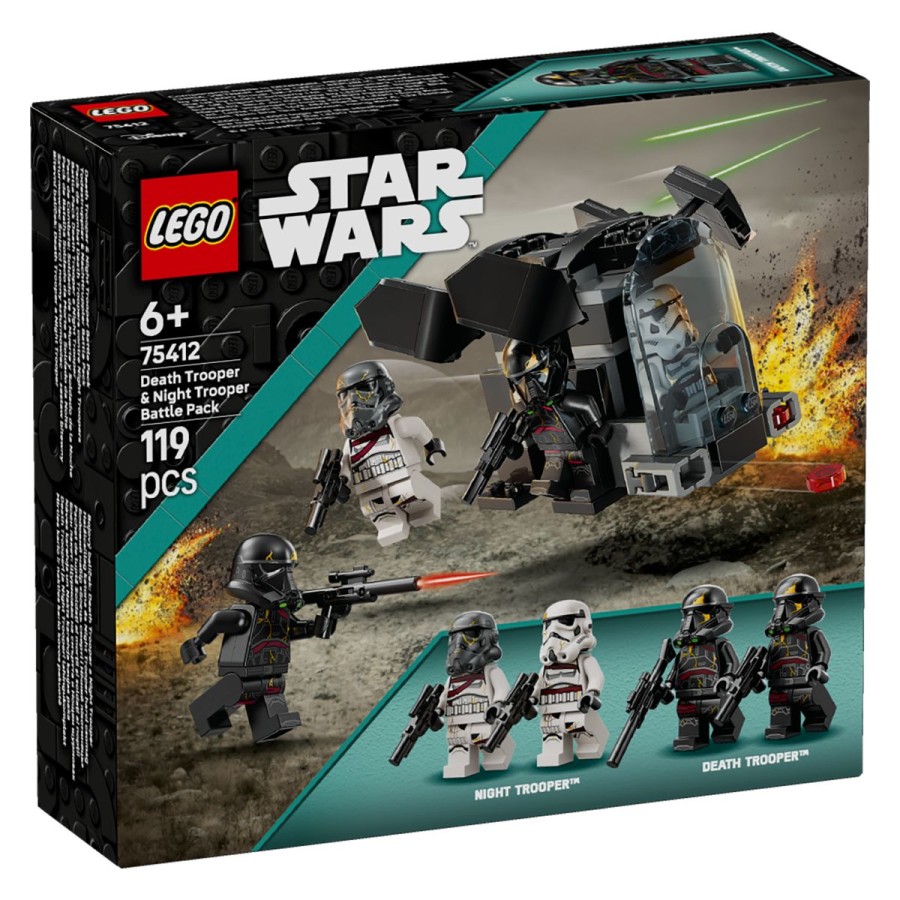 Lego® Star Wars™ 75412 Bojni paket elitni jurišnik in nočni bojevnikPovedi vod elitnih jurišnikov in nočnih bojevnikov na epsko nalogo! Vkrcaj jih na dostavno ladjo in pospravi njihovo orožje. Zapri vetrobransko steklo na pilotski kabini in vzleti. Izstreljevalnike žebljičkov usmeri v sovražne zvezdne lovce