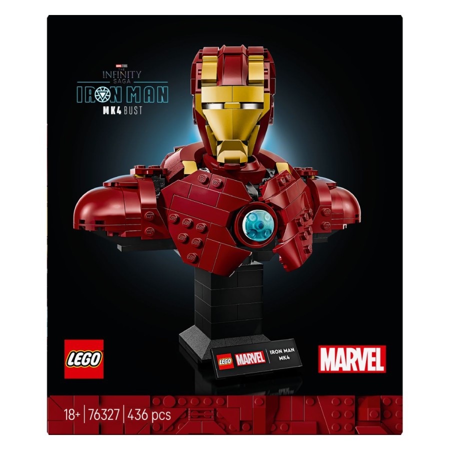 2 izstreljevalnika mikroraket v ramenih in ima vrtljivo glavo. Na podstavku je potiskana napisna ploščica in snemljiva minifigura Iron Man.Primerno za otroke od 18. leta do 99. leta.