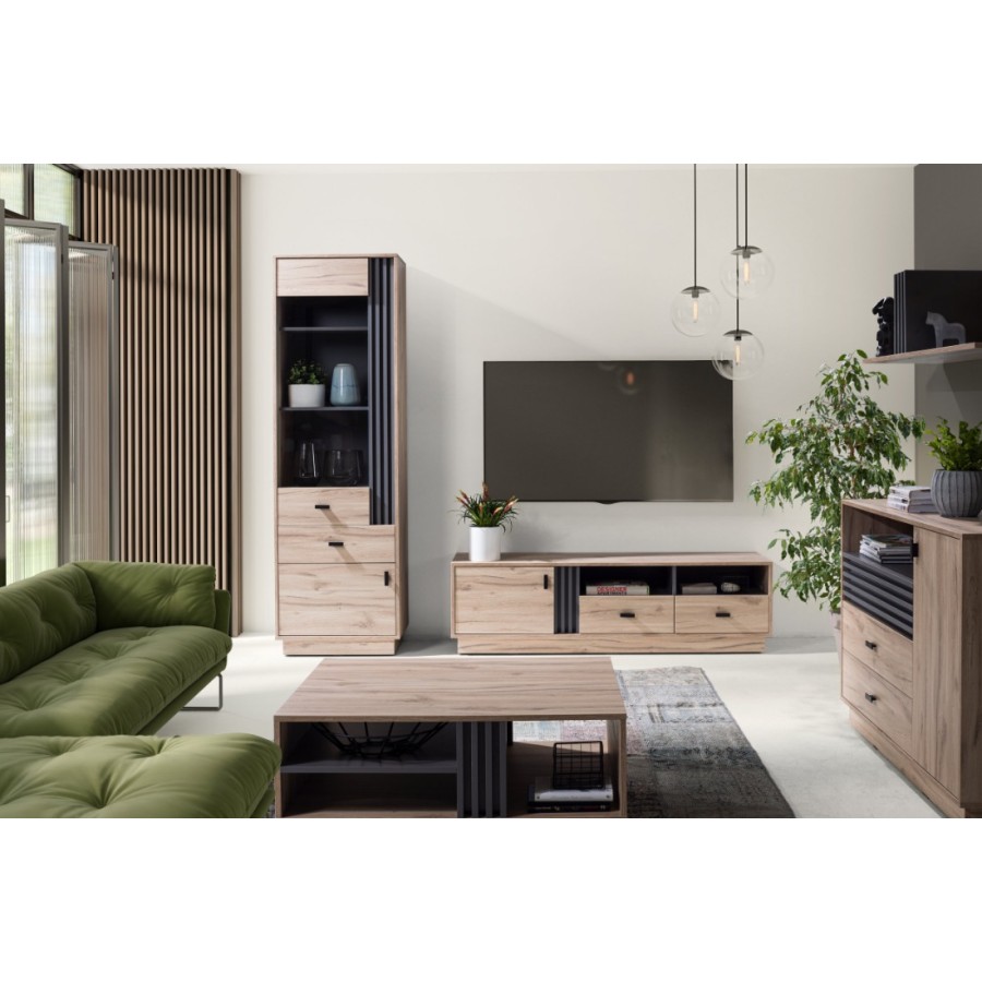 Dnevni regal ALLMO proizvajalca Meblar. Dnevni regal ALLMO je sestavljen iz vitrine, TV elementa, komode, stenske police in klubske mizice. Elementi: Vitrina