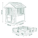 na katerem bodo otroci gojili svojo zelenjavo ali posadili rožice.Montaža je hitra in enostavna.Dimenzije peskovnika/vrtička: 76 x 76 cm (primeren za 100 kg peska ali 70 litrov zemlje)Skupne mere (hišica s peskovnikom – D x Š x V): 174 x 110 x 127 cm.Mere embalaže: 99 x 23