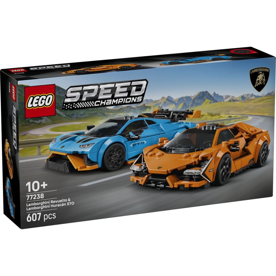 Z dvojnim paketom športnih superavtomobilov LEGO® Hitrostni prvaki te čakajo neverjetne dirke! Oranžni Lamborghini Revuelto in modri Lamborghini Huracán STO sta lahko tvoja