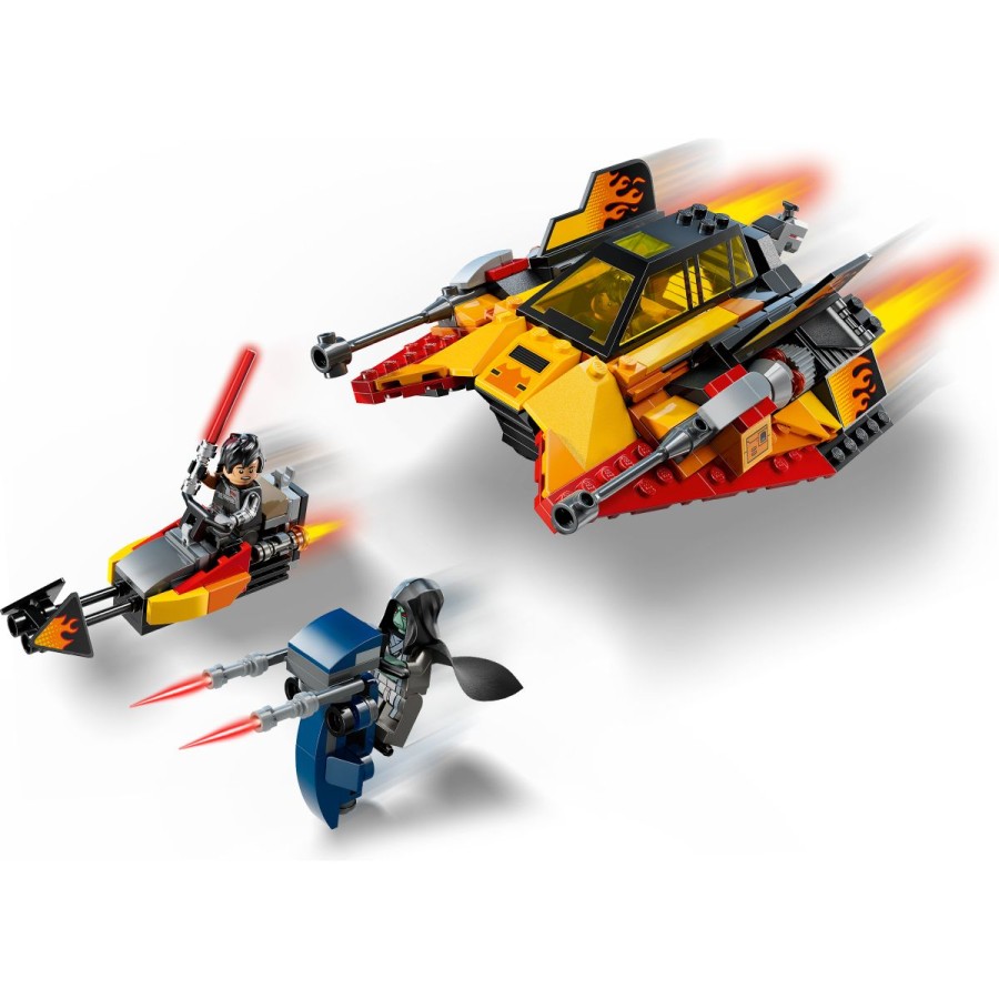 kakršnega smo videli v 2. sezoni serije LEGO® Vojna zvezd: Rebuild the Galaxy™! Odpri dvojno pilotsko kabino s plameni poslikanega vozila ter prisedi k Sigu Greeblingu in Darthu Devu. Poišči Solitusa na STAP-u in aktiviraj izstreljevalnik žebljičkov. Dartha Deva na skritem dirkalnem motorju pošlji v pogon in naj se začne dvoboj s svetlobnimi meči!