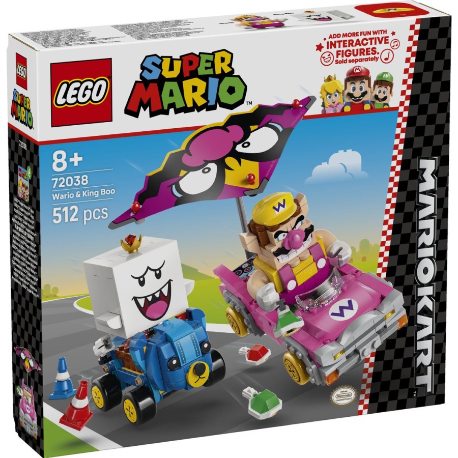 Pridruži se Wariu v Badwagonu in Kingu Booju v Teddy Buggyju za akcijsko dirko Mario Kart™! Iz gokartov izstreli školjke in zavijaj okoli prometnih stožcev. Na Badwagon pripni jadralnik in se vzpni pod nebo. Vozi vozila z liki LEGO® Mario™