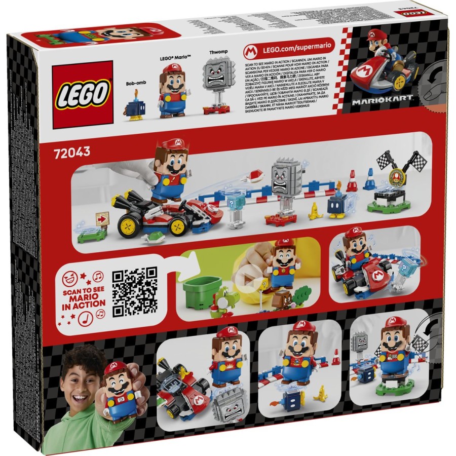 kako se LEGO Mario odzove na zeleno in rdečo LEGO ploščo. Premagaj Bob-omba in Thwompa in proslavi zmago z zmagovalnim krogom!