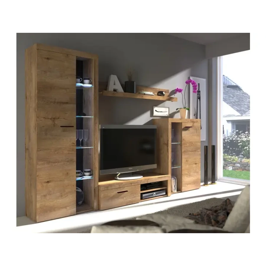 Dnevni regal RUBA 4 je moderno oblikovan in elegantnega videza. Dnevni regal je izdelan v EU. Dimenzije regala so: 270 cm x 190 cm x 42,5 cm Barva: - hrast /