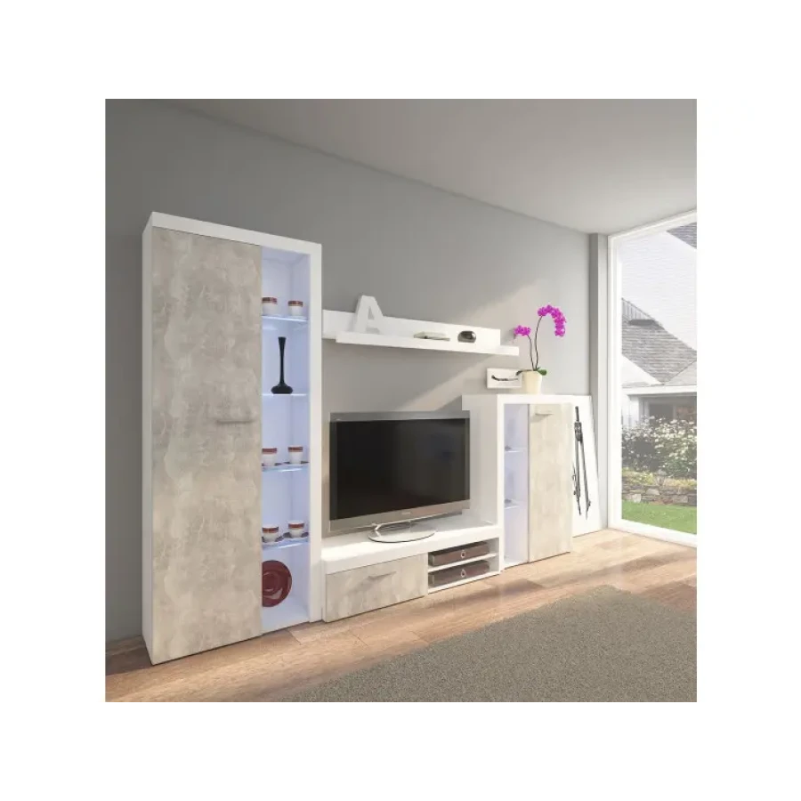Dnevni regal RUBA je moderno oblikovan in elegantnega videza. Dnevni regal je izdelan v EU. Dimenzije regala so: 270 cm x 190 cm x 42,5 cm Barva: - bela /