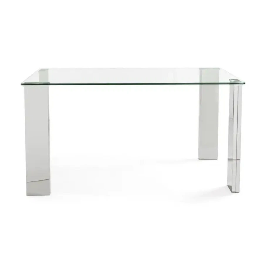 Jedilna miza NEW ARLEY 140X80 ima mizno ploščo izdelano iz kaljenega stekla debeline 12 mm. Noge pa so izdelane iz MDF - ja, ki je oblečen v kromirano