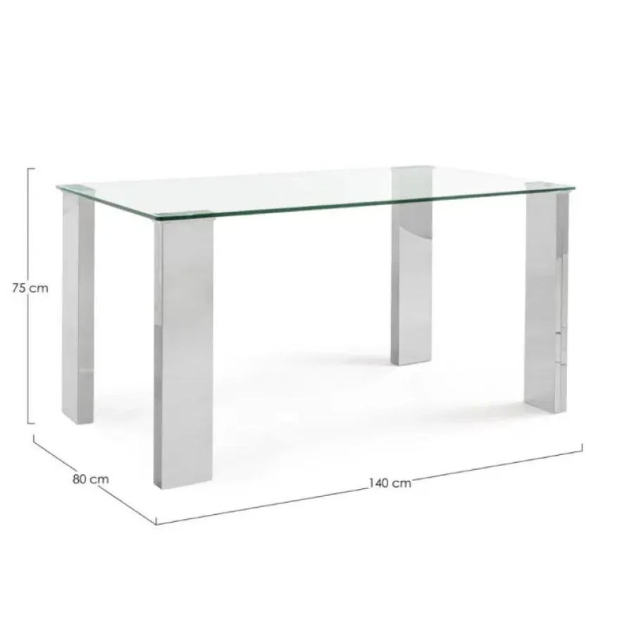 Jedilna miza NEW ARLEY 140X80 ima mizno ploščo izdelano iz kaljenega stekla debeline 12 mm. Noge pa so izdelane iz MDF - ja, ki je oblečen v kromirano