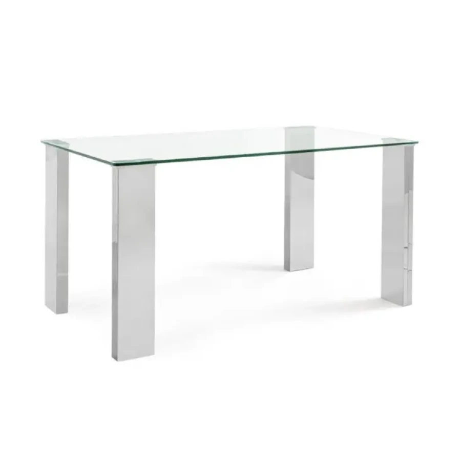 Jedilna miza NEW ARLEY 140X80 ima mizno ploščo izdelano iz kaljenega stekla debeline 12 mm. Noge pa so izdelane iz MDF - ja, ki je oblečen v kromirano
