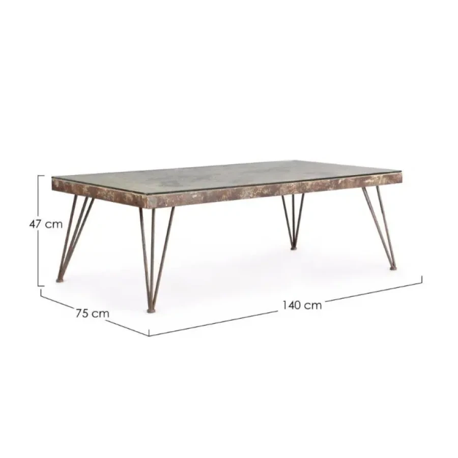 Klubska miza ATLANTIDE je sestavljena iz kovinskega okvirja starinskega izgleda, mizna plošča je iz MDF-ja in stekla. Dimenzije: širina: 140cm globina: 75cm