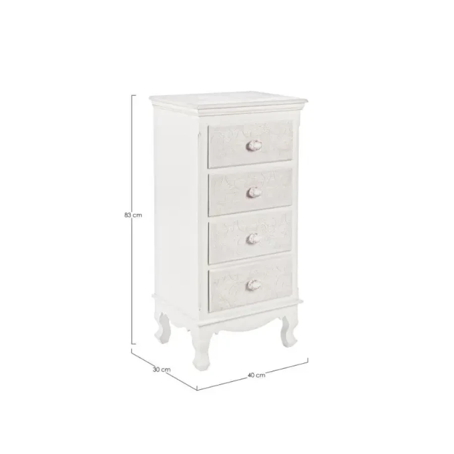 Predalnik CLORINE 4 v rustičnem slogu vas bo navdušil. Predalnik ima 4 predale. Dobavljiv je v beli barvi z dodanim motivom cvetic. Materijal: - MDF
