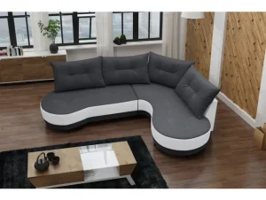 Sedežna garnitura ANJA 2 Kotna sedežna garnitura ANJA 2 je zelo praktična in funkcionalna. Narejena je v kombinaciji kvalitetnega umetnega usnja in blaga. Garnitura ima levi ali