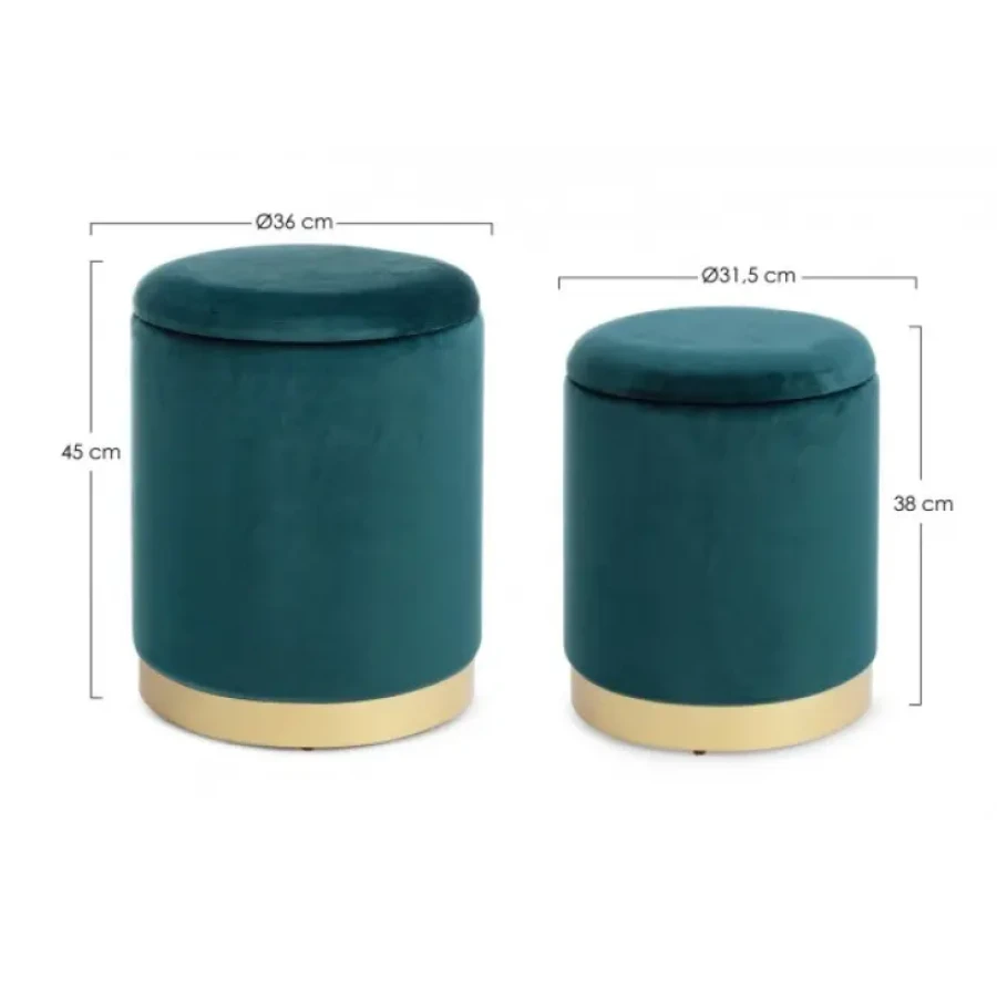 Set 2 taburejev POLINA modra ima strukturo iz MDF-ja, prevleka je iz poliestra ki oddaja žametni učinek. Dno krasi zlati obroček iz metala. Material: - MDF