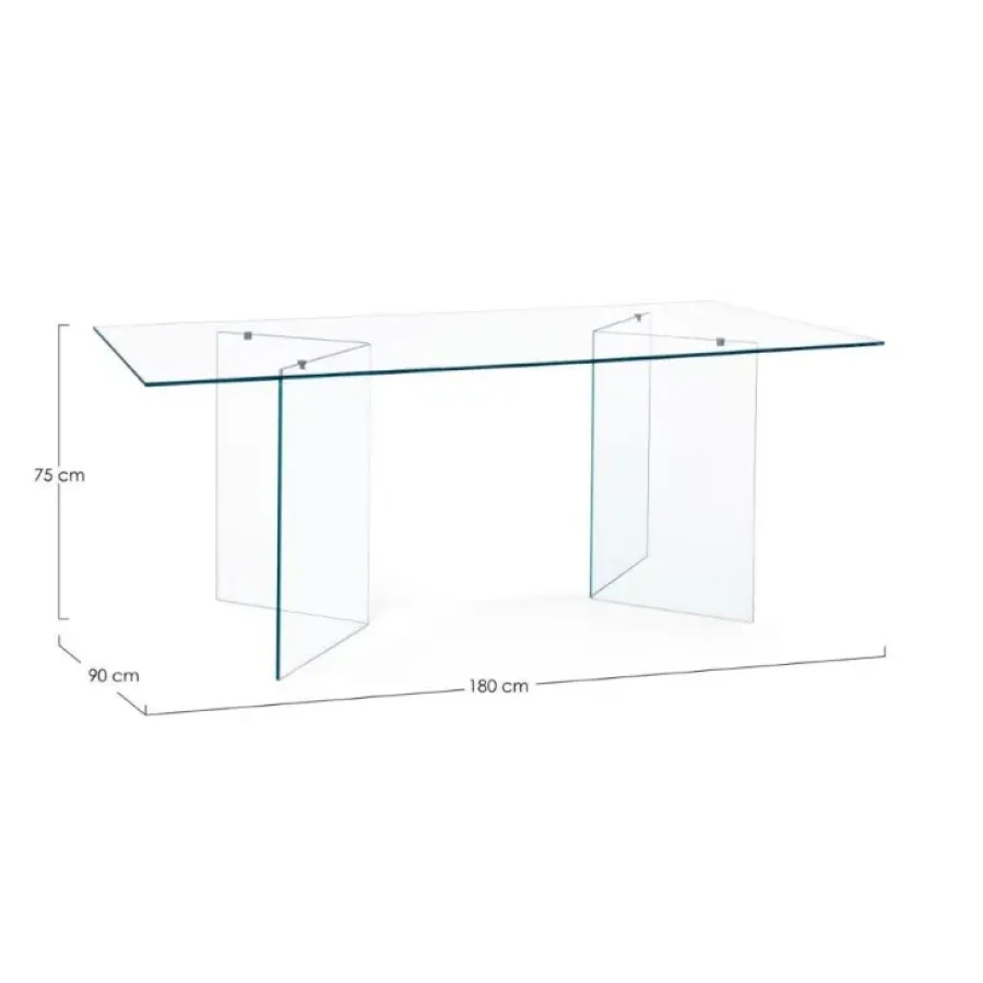 Steklena jedila miza IRIDE 180 x 90 je modernega dizajna. Sestavljajo jo 10 mm debele steklene noge in mizna plošča iz 10 mm debelega kaljenega stekla. Miza
