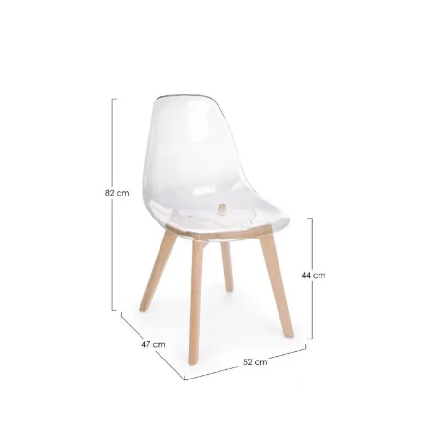 Stol EASY je preprostega ter sodobnega dizajna, zato se bo podal v vsak ambient. Sedišče je narejeno iz prozorne plastike. Noge so iz bukovega lesa, kar daje