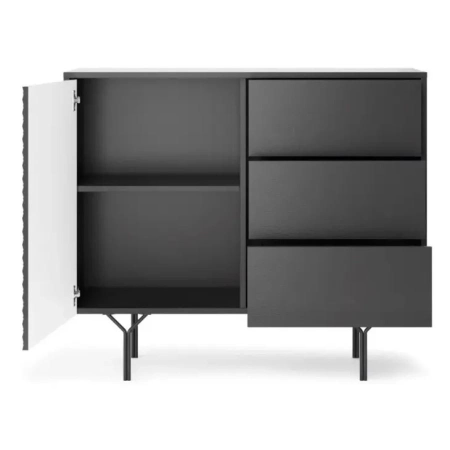 TV regal AVER je narejen iz kvalitetne laminirane plošče s ABS robovi. Noge so iz črnega jekla, omarice se odpirajo s sistemom push to open. Material: -
