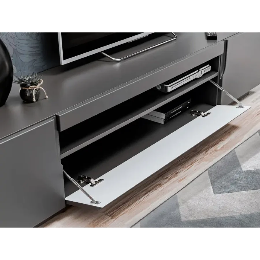 TV regal SONIC je narejen iz kvalitetnih materialov, dobavljiv v dveh različnih barvah. Korpus je iz laminirane plošče 16 mm debeline, fronte pa iz MDF