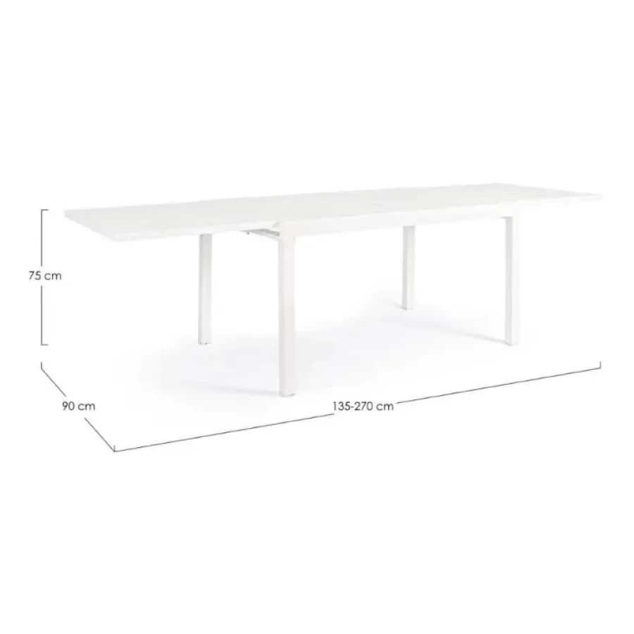 Vrtna miza PELAGIUS BELA iz aluminija. Miza je raztegljiva. Noge ima nastavljive. Barva: - Bela Material: - Aluminij Dimenzije: širina: 135/270cm globina: