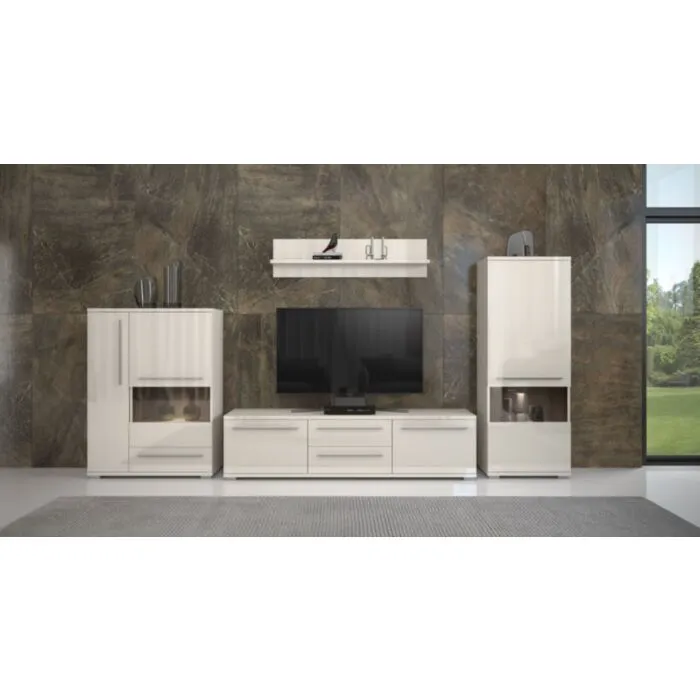 Dnevna soba KAVAL 2 . Dnevna soba KAVAL 2 je minimalistična in sodobna. Visoki sijaj krem barve bo vaš prostor še dodatno povečal in napolnil s svetlobo.