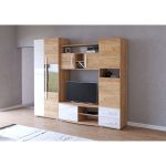 Dnevni regal ANASTAZIJA 2  je primeren za vsako dnevno sobo. Korpus omaric je v hrast zlati barvi, fronte pa v hrast zlati barvi in beli visoki sijaj. Noge