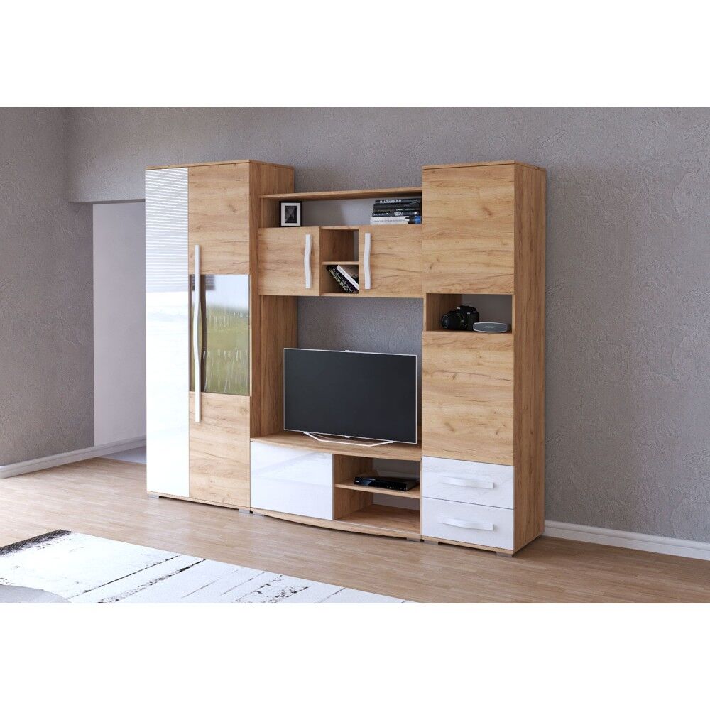 Dnevni regal ANASTAZIJA 2  je primeren za vsako dnevno sobo. Korpus omaric je v hrast zlati barvi, fronte pa v hrast zlati barvi in beli visoki sijaj. Noge