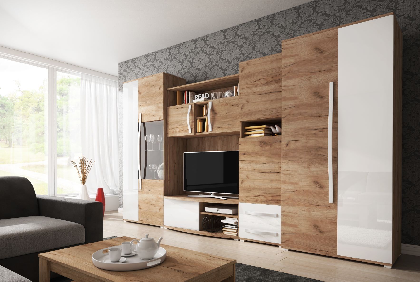 Dnevni regal ANASTAZIJA  je primeren za vsako dnevno sobo. Korpus omaric je v hrast zlati barvi, fronte pa v hrast zlati barvi in beli visoki sijaj. Noge so