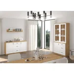 Dnevni regal FAJA . Dnevni regal FAJA je sestavljen iz sodobnega pohištva v beli in hrast barvi. Ima veliko prostora za shranjevanje stvari in je narejen iz