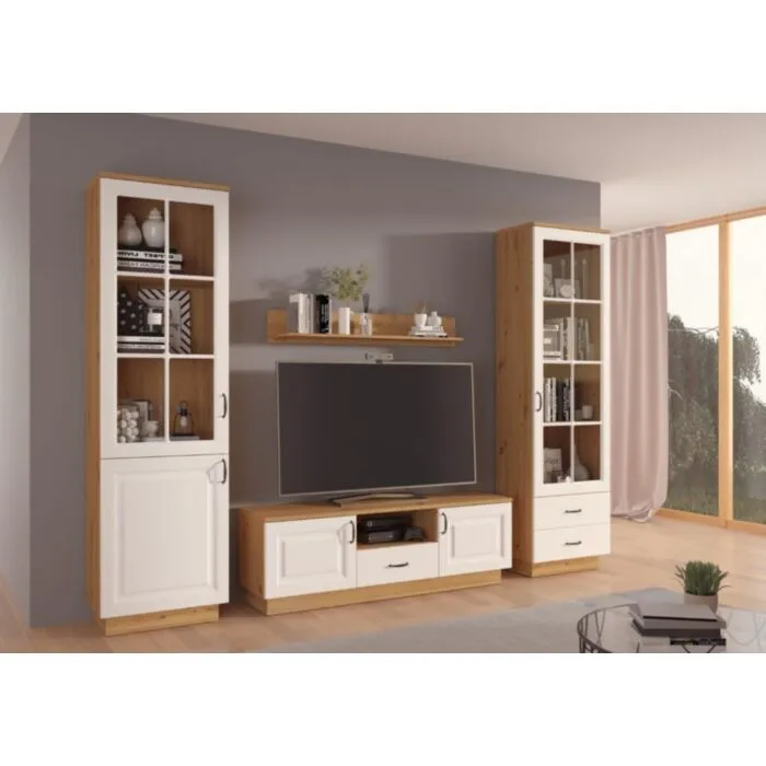 Dnevni regal FAJA 2 . Dnevni regal FAJA 2 je sestavljen iz sodobnega pohištva v beli in hrast barvi. Ima veliko prostora za shranjevanje stvari in je narejen