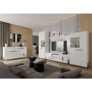 Dnevni regal JUSTINA . Dnevni regal JUSTINA je moderno oblikovan in elegantnega videza. V beli barvi visoki sijaj s kombinacijo stekla. Stekleni del vsebuje v