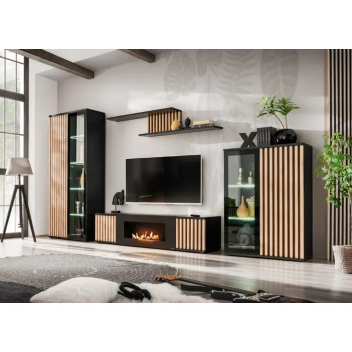 Dnevni regal KAMERON . Dnevni regal KAMERON, kateremu bio kamin v črni barvi doda eleganco ter atraktivnost. Moderen dizajn z dodatki, črnega stekla ter