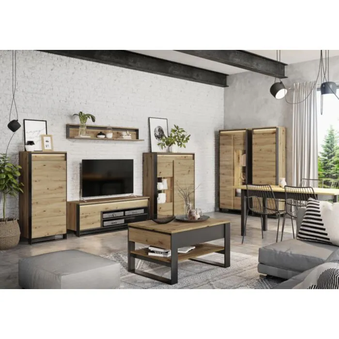 Dnevni regal KVIN . Dnevni regal KVIN je kompakten ter očarljiv set primeren za vsako hišo. Njegova artisan hrast barva bo vzbudila občutek domačosti,