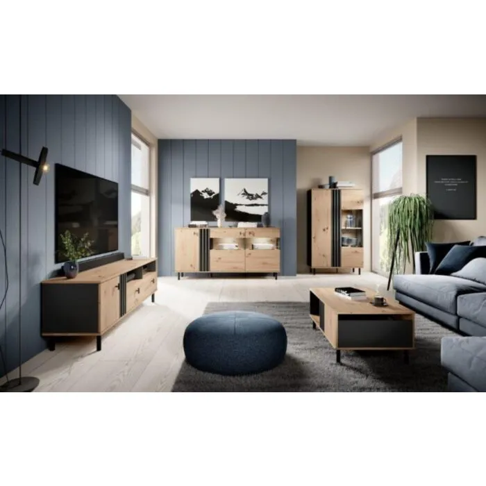 Dnevni regal LUTY 2 . Dnevni regal LUTY 2 je dobavljv v modernih barvah hrasta s kombinacijo antracita. Uporaba lamel je v skladu s modernimi trendi