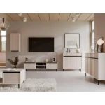 Dnevni regal MILI bež . Dnevni regal MILI bež je elegantna in funkcionalna izbira za vsak dom. Korpus je izdelan iz kakovostne laminirane plošče debeline