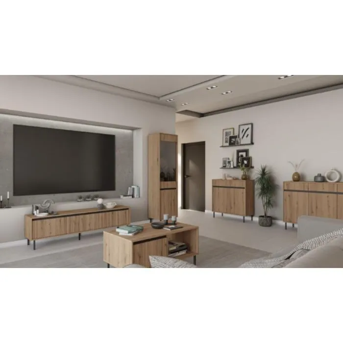 Dnevni regal MILI hrast . Dnevni regal MILI hrast je elegantna in funkcionalna izbira za vsak dom. Korpus je izdelan iz kakovostne laminirane plošče debeline