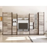 Dnevni regal MINA . Dnevni regal MINA je eleganten in zelo stabilen. Primeren je za vsako dnevno sobo. Korpus regala je v barvi temnega hrasta, fronta pa je v