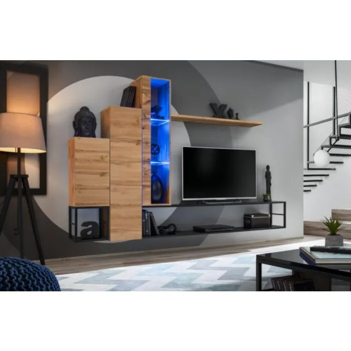 Dnevni regal NEJA 2 . Dnevni regal NEJA 2 je moderno oblikovan in elegantnega videza v kombinaciji lesa in kovine. Vrata visoke omare se odpirajo s push-click