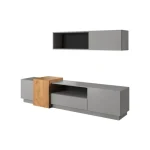 Dnevni regal NIKOLINA . Dnevni regal NIKOLINA je moderno oblikovan in elegantnega videza. Dobavljiv je v barvi platinasto sivi/zlati hrast, ter izdelan v EU.