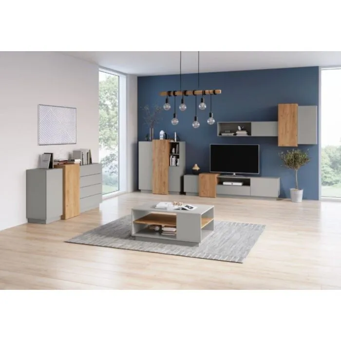 Dnevni regal NIKOLINA . Dnevni regal NIKOLINA je moderno oblikovan in elegantnega videza. Dobavljiv je v barvi platinasto sivi/zlati hrast, ter izdelan v EU.