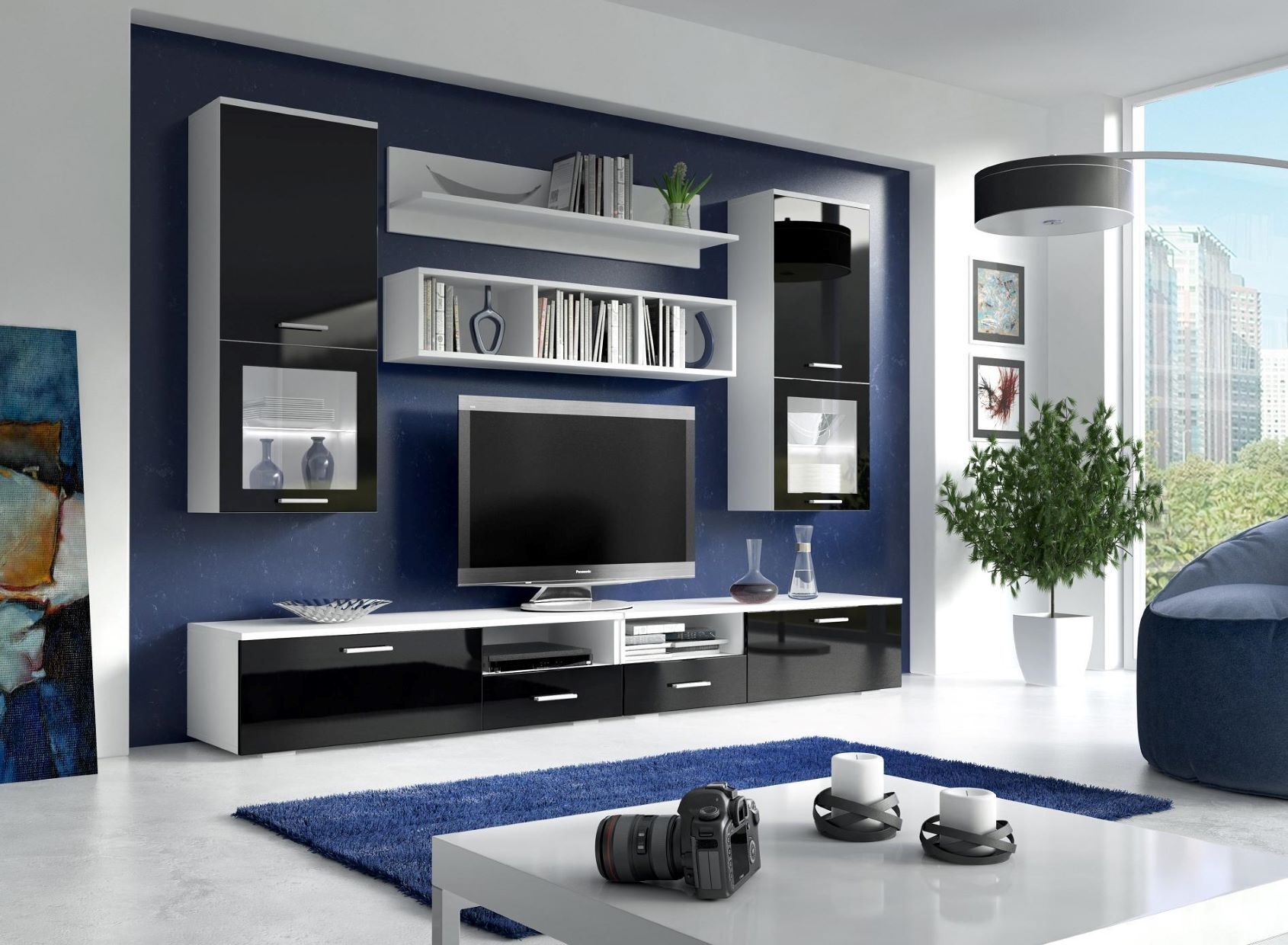 Dnevni regal PETER 2 je modernega videza in popestri vsako dnevno sobo. Korpus omaric je v beli mat barvi, fronte pa so  v črni barvi visoki sijaj. Noge