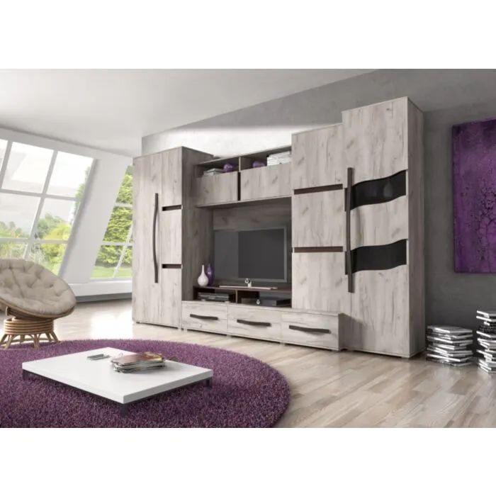 Dnevni regal PINO . Dnevni regal PINO je modernega dizajna. Popestril bo vsako dnevno sobo. Korpus regala je dobavljiva v hrast sivi barvi, fronta je v hrast