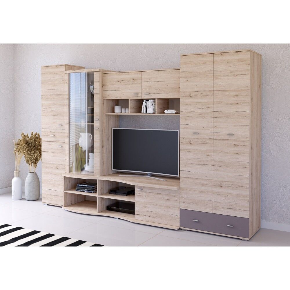 Dnevni regal RENATA je eleganten in zelo stabilen. Primeren je za vsako dnevno sobo. Korpus in fronta regala sta v barvi svetlega hrasta. Desna omara ima