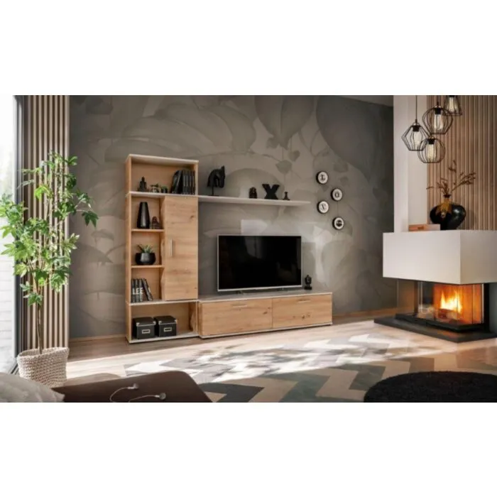 Dnevni regal ROLI . Dnevni regal ROLI je modernega dizajna. Kombinacija hrasta in svetlo sive barve se bo podala v vsak prostor. Narejen je iz kvalitetne